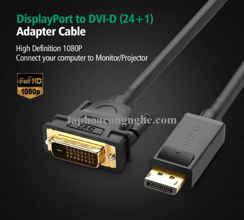 Ugreen 10222 3M màu Đen Cáp chuyển đổi DP sang DVI 24 + 1 Hỗ trợ độ phân giải 1920x1201 DP103 30010222